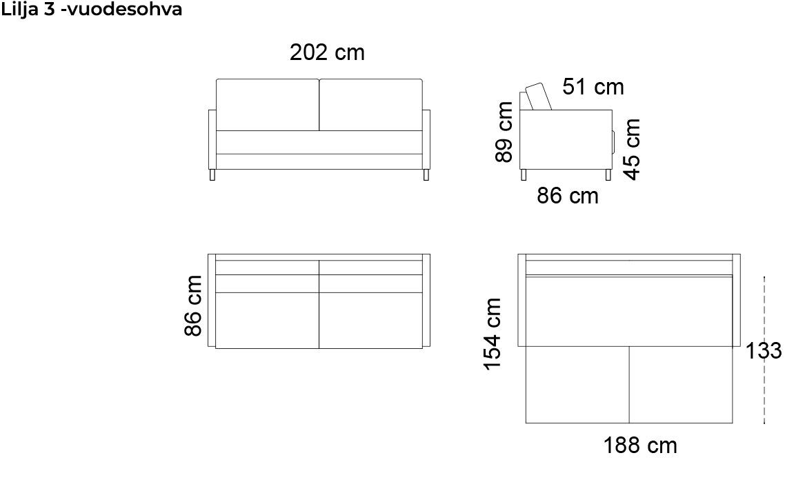 Lilja-divaanivuodesohva, mitat / dimensions